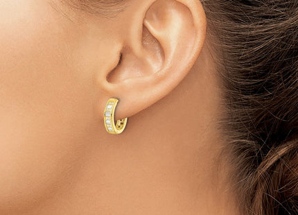 Sterling Silver Polished Gold-tone CZ Hinged Hoop Earrings (Style QE16299)