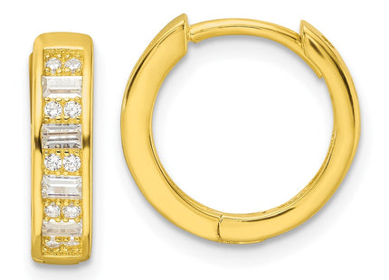 Sterling Silver Polished Gold-tone CZ Hinged Hoop Earrings (Style QE16299)