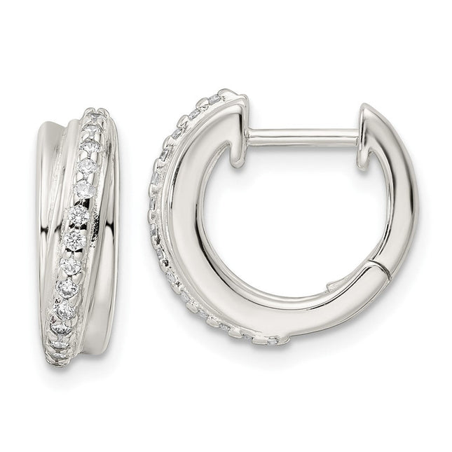 Sterling Silver Polished CZ Hinged Hoop Earrings, 15.5 x 15.32mm