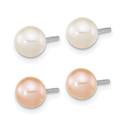Sterling Silver Rhodium-plated White and Pink Round Freshwater Cultured Pearl Set of 2 Post Earrings