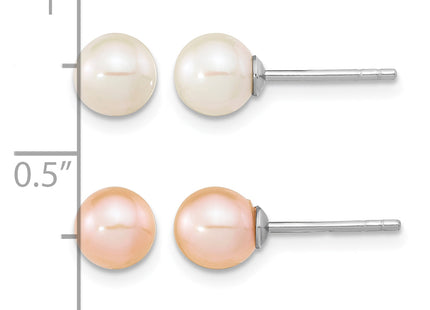 Sterling Silver Rhodium-plated 6- White and Pink Round Freshwater Cultured Pearl Set of 2 Post Earrings