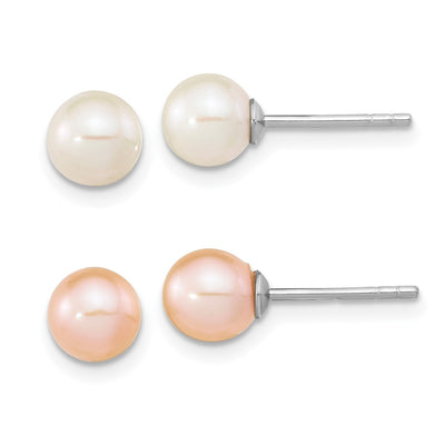Sterling Silver Rhodium-plated White and Pink Round Freshwater Cultured Pearl Set of 2 Post Earrings