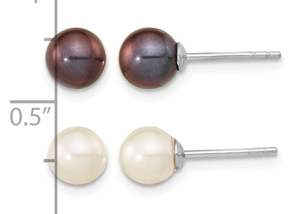 Sterling Silver Rhodium-plated 6- Black and White Round Freshwater Cultured Pearl Set of 2 Post Earrings
