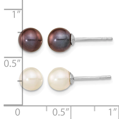 Sterling Silver Rhodium-plated Black and White Round Freshwater Cultured Pearl Set of 2 Post Earrings