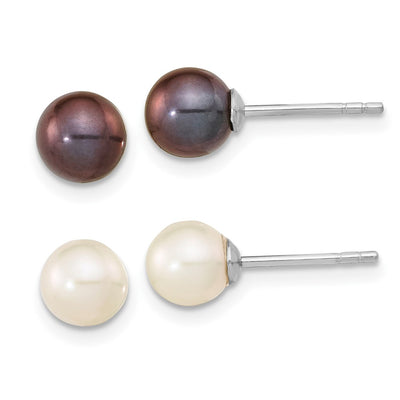 Sterling Silver Rhodium-plated Black and White Round Freshwater Cultured Pearl Set of 2 Post Earrings