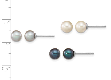 Sterling Silver Rhodium-plated 6- Black, White and Grey Round Freshwater Cultured Pearl Set of 3 Post Earrings