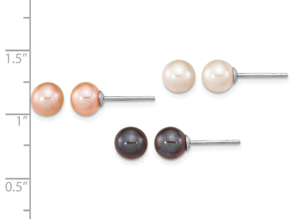 Sterling Silver Rhodium-plated 6- Black, White and Pink Round Freshwater Cultured Pearl Set of 3 Post Earrings