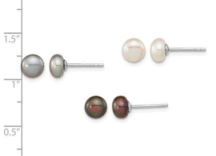 Sterling Silver Rhodium-plated 6- Black, white and Grey Button Freshwater Cultured Pearl Set of 3 Post Earrings