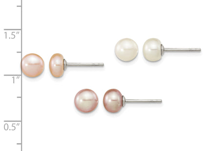 Sterling Silver Rhodium-plated 6- White, Pink and Purple Button Freshwater Cultured Pearl Set of 3 Post Earrings