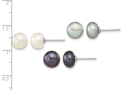 Sterling Silver Rhodium-plated 8- Black, White and Grey Button Freshwater Cultured Pearl Set of 3 Post Earrings
