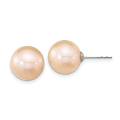 Sterling Silver Rhodium-plated Pink Round Freshwater Cultured Pearl Post Earrings