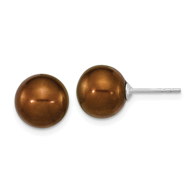 Sterling Silver Rhodium-plated Brown Round Freshwater Cultured Pearl Post Earrings