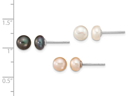 Sterling Silver Rhodium-plated 6- White, Black and Pink Button Freshwater Cultured Pearl Set of 3 Post Earrings