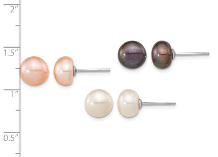 Sterling Silver Rhodium-plated 8- White, Black and Pink Button Freshwater Cultured Pearl Set of 3 Post Earrings