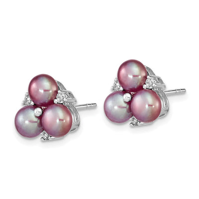 Sterling Silver Rhodium-plated Purple Button Freshwater Cultured Pearl Post Earrings, 11 x 11mm