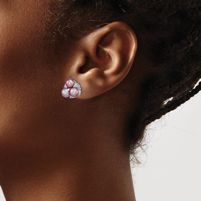 Sterling Silver Rhodium-plated Purple Button Freshwater Cultured Pearl Post Earrings, 11 x 11mm