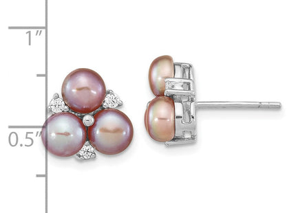 Sterling Silver Rhodium-plated 5- Purple Button Freshwater Cultured Pearl Post Earrings (Style QE16336)