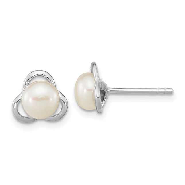 Sterling Silver Rhodium-plated 6- White Button Freshwater Cultured Pearl Post Earrings, 8.44 x 8.44mm