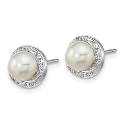Sterling Silver Rhodium-plated White Button Freshwater Cultured Pearl and CZ Post Earrings, 9.35 x 9.3mm