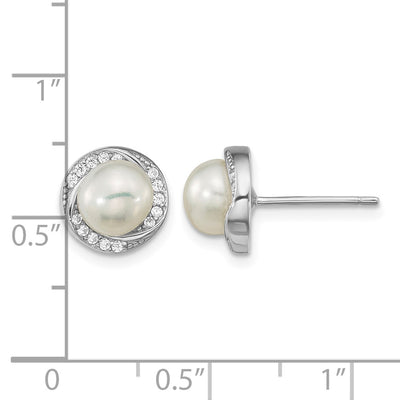 Sterling Silver Rhodium-plated White Button Freshwater Cultured Pearl and CZ Post Earrings, 9.35 x 9.3mm