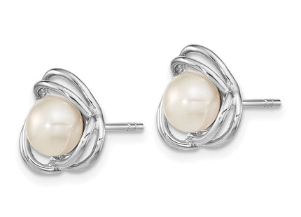 Sterling Silver Rhodium-plated 6- White Button Freshwater Cultured Pearl Knot Post Earrings (Style QE16346)