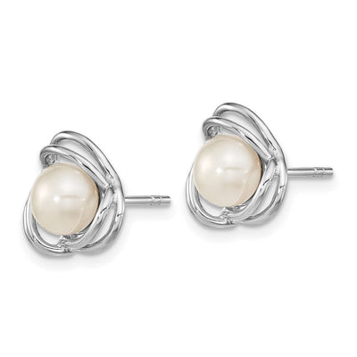 Sterling Silver Rhodium-plated White Button Freshwater Cultured Pearl Knot Post Earrings, 11.15 x 11.4mm