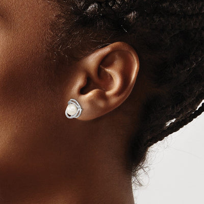 Sterling Silver Rhodium-plated White Button Freshwater Cultured Pearl Knot Post Earrings, 11.15 x 11.4mm