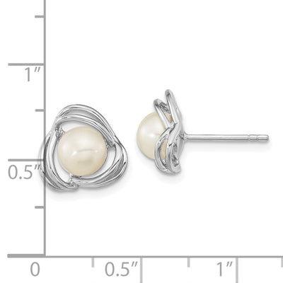 Sterling Silver Rhodium-plated White Button Freshwater Cultured Pearl Knot Post Earrings, 11.15 x 11.4mm
