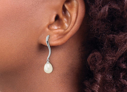 Sterling Silver Rhodium-plated 7- White Teardrop Freshwater Cultured Pearl Post Dangle Earrings (Style QE16350)
