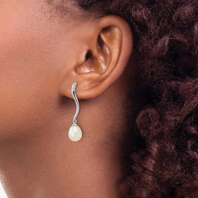 Sterling Silver Rhodium-plated White Teardrop Freshwater Cultured Pearl Post Dangle Earrings, 33.2 x 7.79mm