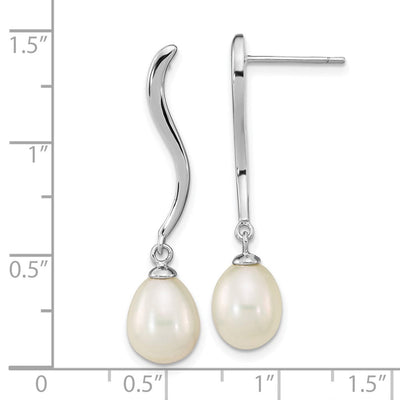 Sterling Silver Rhodium-plated White Teardrop Freshwater Cultured Pearl Post Dangle Earrings, 33.2 x 7.79mm