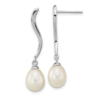 Sterling Silver Rhodium-plated 7- White Teardrop Freshwater Cultured Pearl Post Dangle Earrings (Style QE16350)