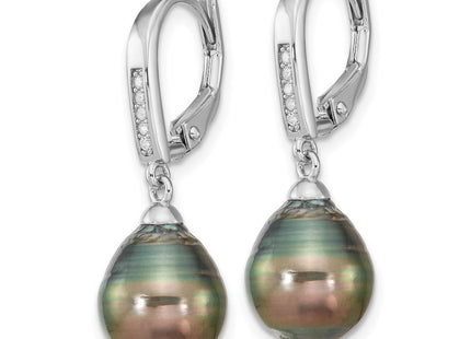 Sterling Silver Rhodium-plated 9- Black Teardrop Tahitian Saltwater Cultured Pearl and CZ Dangle Leverback Earrings (Style QE16378)