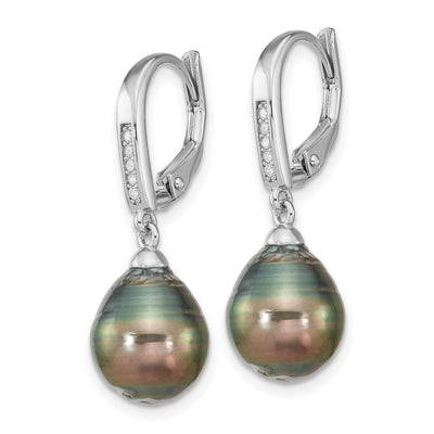 Sterling Silver Rhodium-plated Black Teardrop Tahitian Saltwater Cultured Pearl and CZ Dangle Leverback Earrings, 27.5 x 9 to 10mm