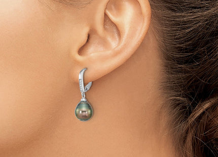 Sterling Silver Rhodium-plated 9- Black Teardrop Tahitian Saltwater Cultured Pearl and CZ Dangle Leverback Earrings (Style QE16378)