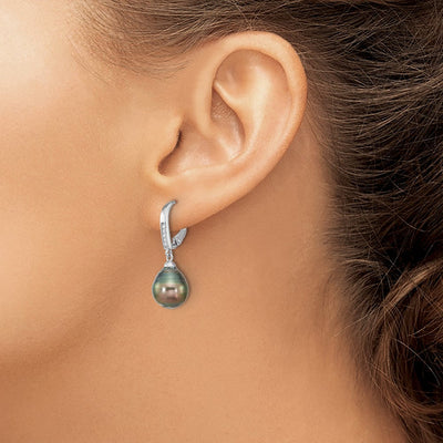 Sterling Silver Rhodium-plated Black Teardrop Tahitian Saltwater Cultured Pearl and CZ Dangle Leverback Earrings, 27.5 x 9 to 10mm