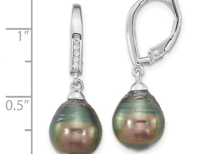 Sterling Silver Rhodium-plated 9- Black Teardrop Tahitian Saltwater Cultured Pearl and CZ Dangle Leverback Earrings (Style QE16378)