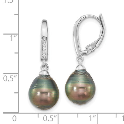 Sterling Silver Rhodium-plated Black Teardrop Tahitian Saltwater Cultured Pearl and CZ Dangle Leverback Earrings, 27.5 x 9 to 10mm