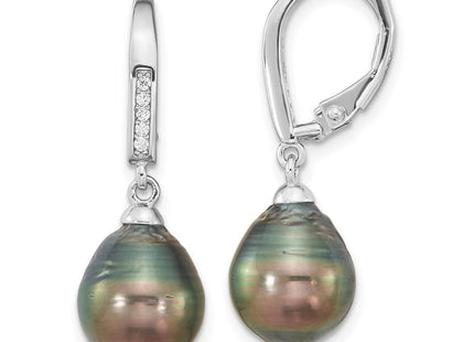 Sterling Silver Rhodium-plated 9- Black Teardrop Tahitian Saltwater Cultured Pearl and CZ Dangle Leverback Earrings (Style QE16378)