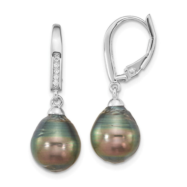 Sterling Silver Rhodium-plated 9- Black Teardrop Tahitian Saltwater Cultured Pearl and CZ Dangle Leverback Earrings, 27.5 x 9 to 10mm