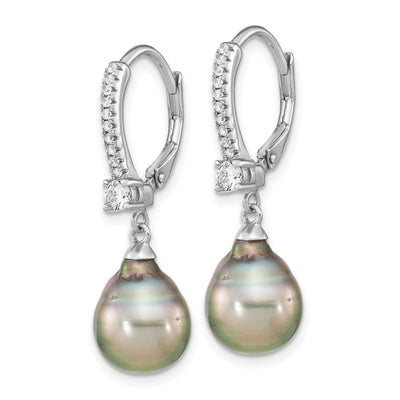 Sterling Silver Rhodium-plated Black Teardrop Tahitian Saltwater Cultured Pearl and CZ Dangle Leverback Earrings, 32.3 x 9 to 10mm