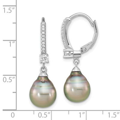 Sterling Silver Rhodium-plated Black Teardrop Tahitian Saltwater Cultured Pearl and CZ Dangle Leverback Earrings, 32.3 x 9 to 10mm