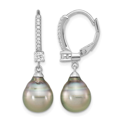 Sterling Silver Rhodium-plated Black Teardrop Tahitian Saltwater Cultured Pearl and CZ Dangle Leverback Earrings, 32.3 x 9 to 10mm