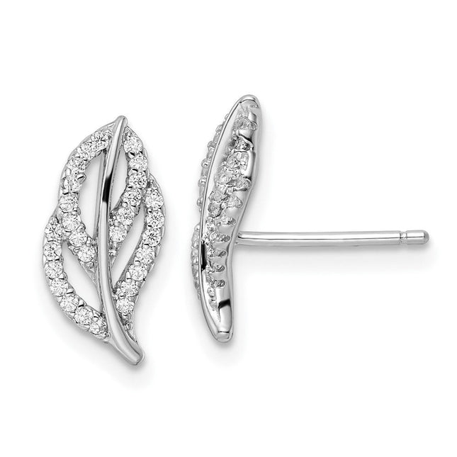 Sterling Silver Rhodium-plated Polished CZ Leaf Post Earrings, 13.8 x 7mm