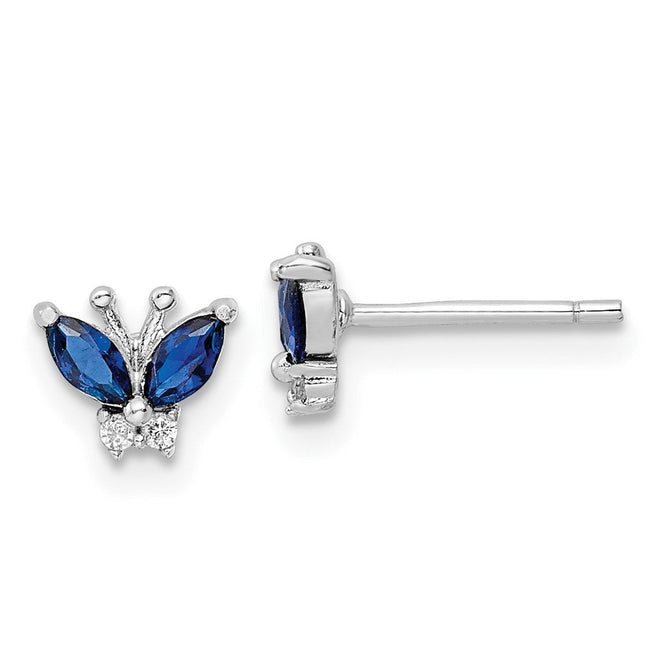 Sterling Silver Rhodium-plated Blue & White CZ Butterfly Post Earrings, 5.88 x 6.92mm