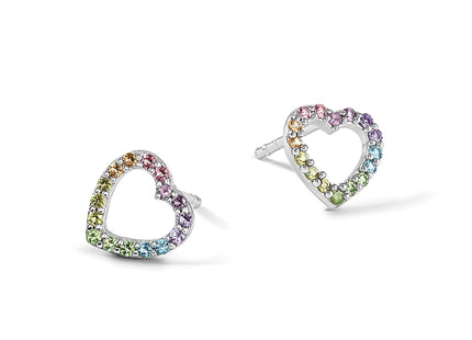 Sterling Silver RH-plated Rainbow Crystal Open Heart Post Earrings