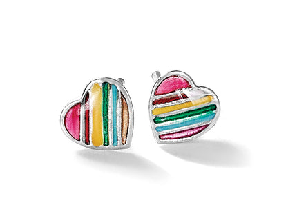 Sterling Silver Rhodium-plated Polished Rainbow Enameled Heart Children's Post Earrings