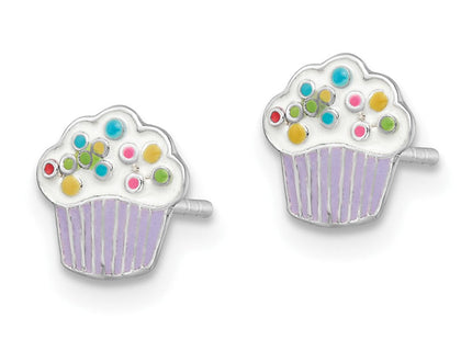 Sterling Silver Rhodium-plated Polished Multi-color Enameled Cupcake Children's Post Earrings (Style QE16611)