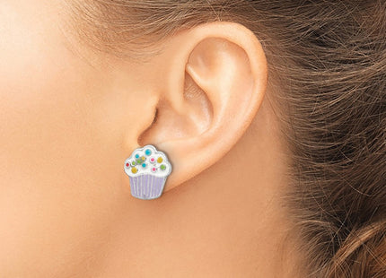 Sterling Silver Rhodium-plated Polished Multi-color Enameled Cupcake Children's Post Earrings (Style QE16611)