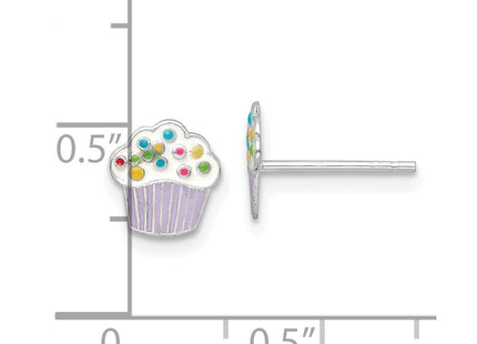Sterling Silver Rhodium-plated Polished Multi-color Enameled Cupcake Children's Post Earrings (Style QE16611)